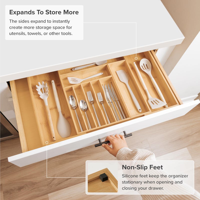KitchenEdge Premium Silverware, Flatware and Utensil Organizer for Kitchen Drawers, Food-Safe Contract Grade, Expandable from 16 to 28 In, Natural Bamboo - Image 5